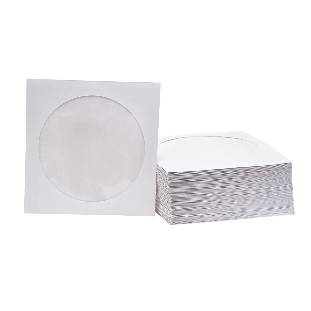 Pack of 100 white paper disc sleeves with clear window and flap