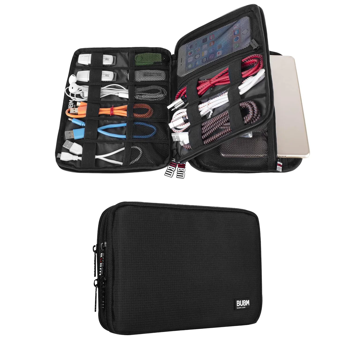 Small grey nylon travel organiser with double-layer interior and padded covers