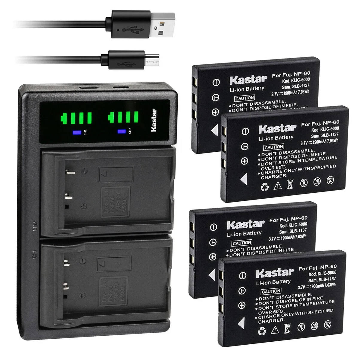 Kastar Kastar 2004 4-pack camera battery with LTD2 USB charger for JD 3.3 x 4 ie VideoShot DVH1080 DVH20 DVH22 — product photo