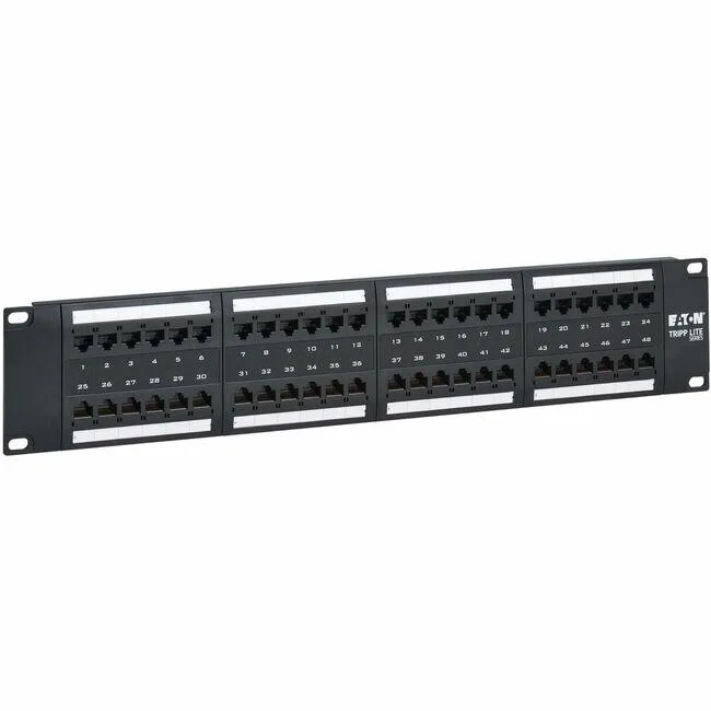 Black 2U rack-mount patch panel with 48 RJ-45 ports in a 19-inch metal frame