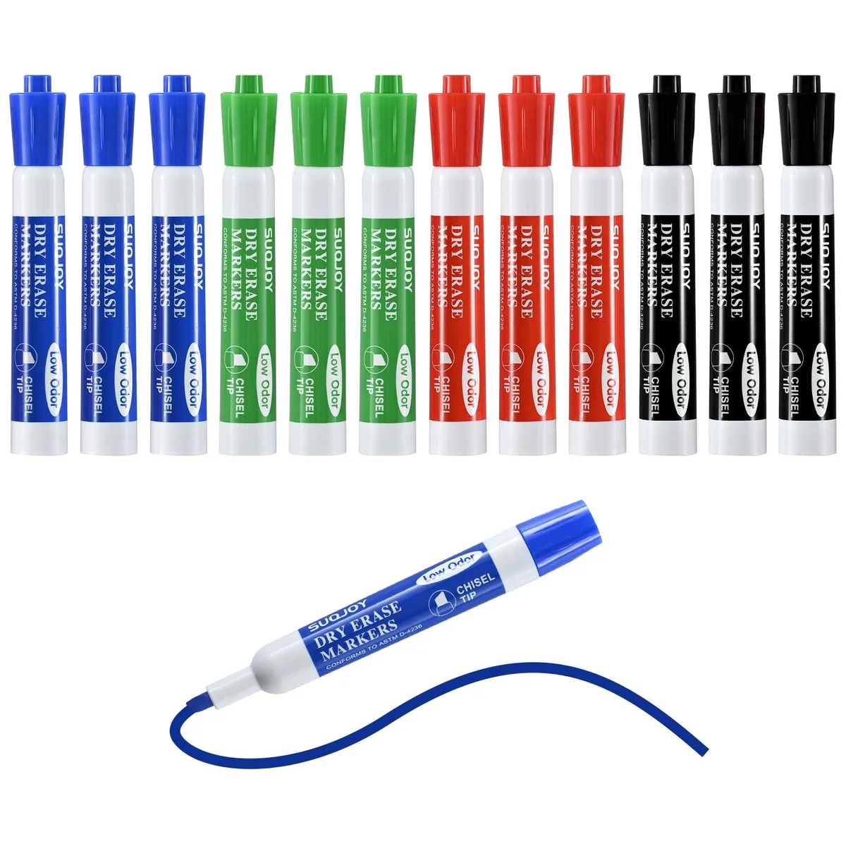 Box of twelve chisel-tip dry-erase markers in four assorted colours
