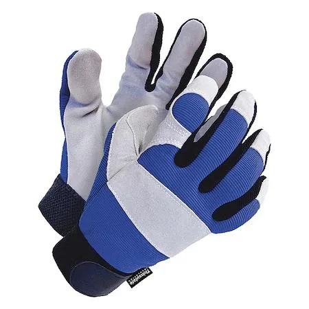 Black and blue mechanics gloves with spandex back and cowhide palm, hook-and-loop cuff, single layer construction