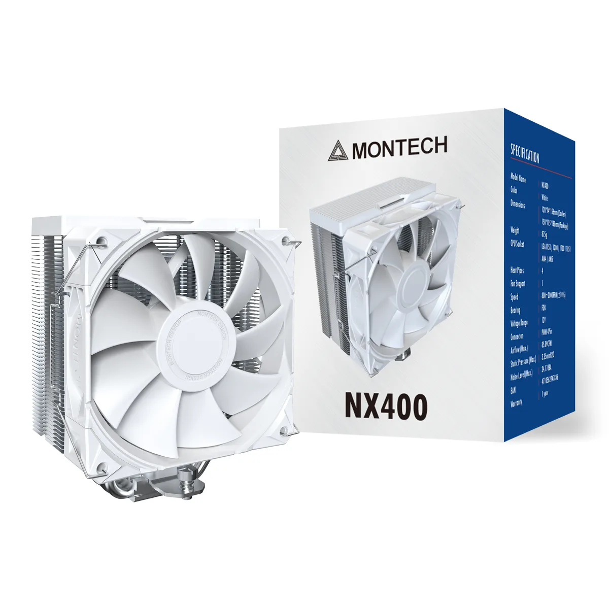 Montech Montech NX400 (W) CPU cooler, white, 120 mm fan, 52 fins — product photo