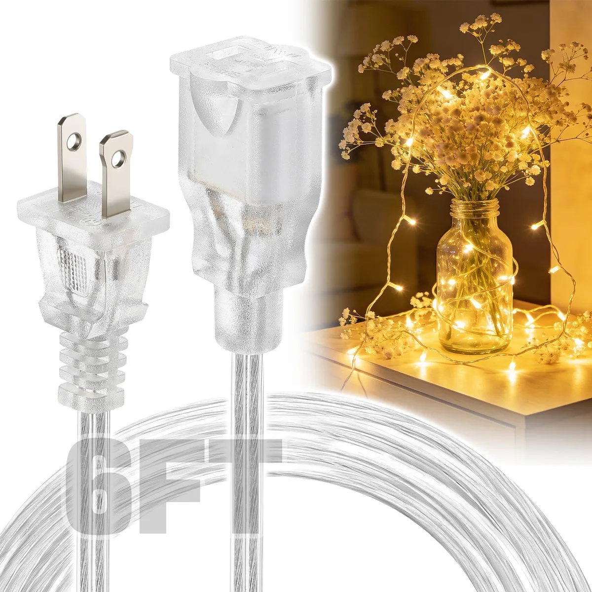  Bigmeta 6ft Clear Extension Cord 2 Prong 18 AWG 250V 6A — product photo