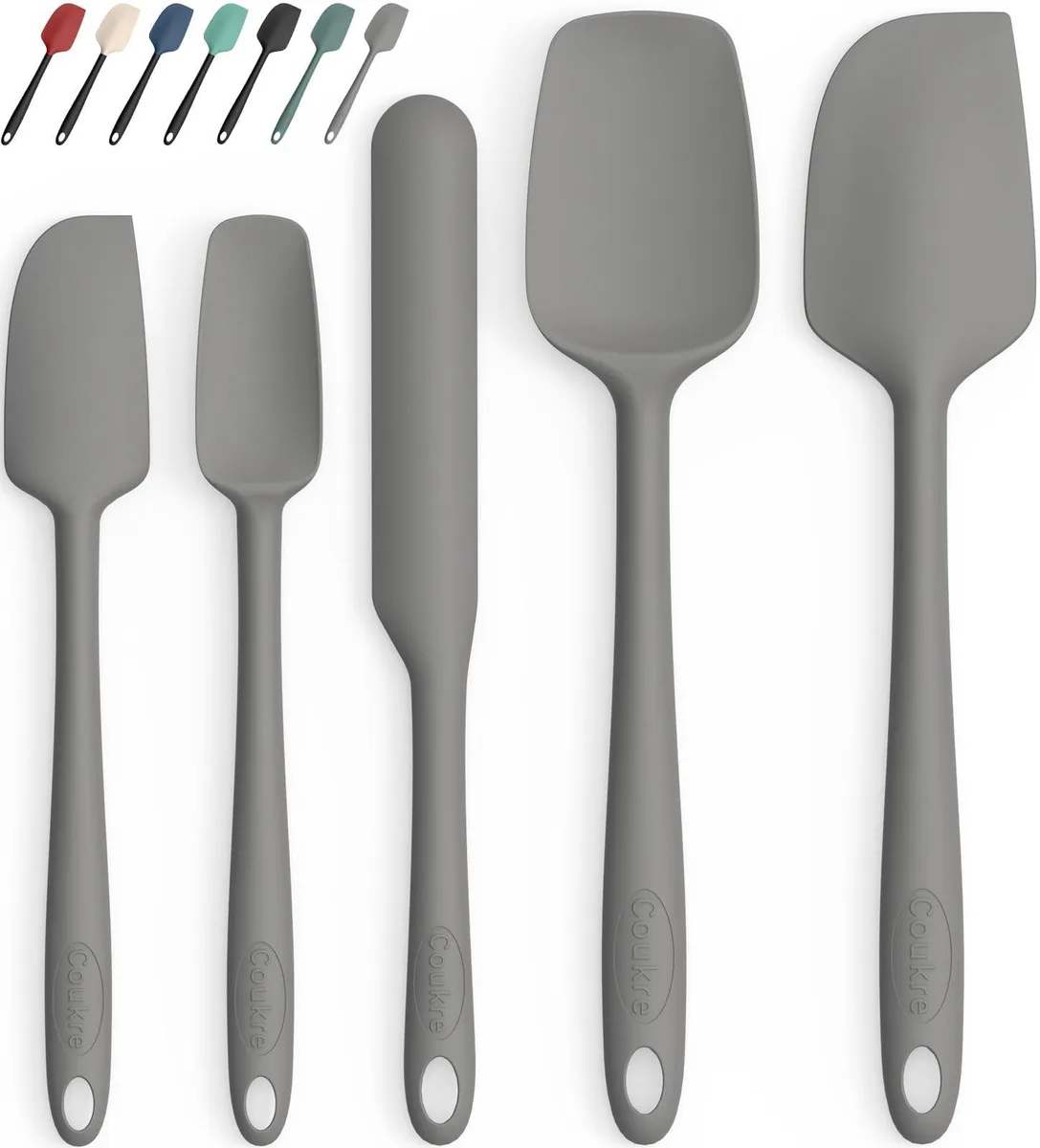 Five pure gray silicone spatulas with plastic handles and hanging holes