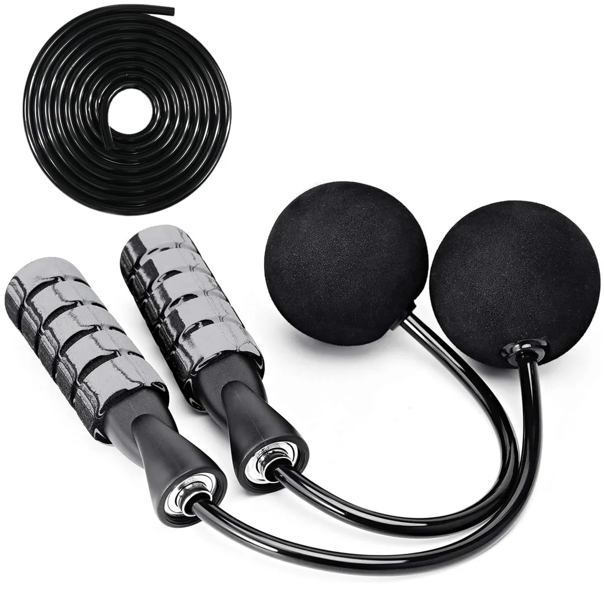 Gray cordless jump rope with foam handles and 2.56 inch EVA balls, plus adjustable PVC-coated steel rope with ball bearings