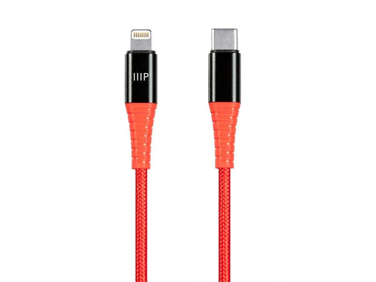 Monoprice AtlasFlex USB-C to Lightning Cable 6 ft Red 18 W PD 3.6 A MFi — product photo