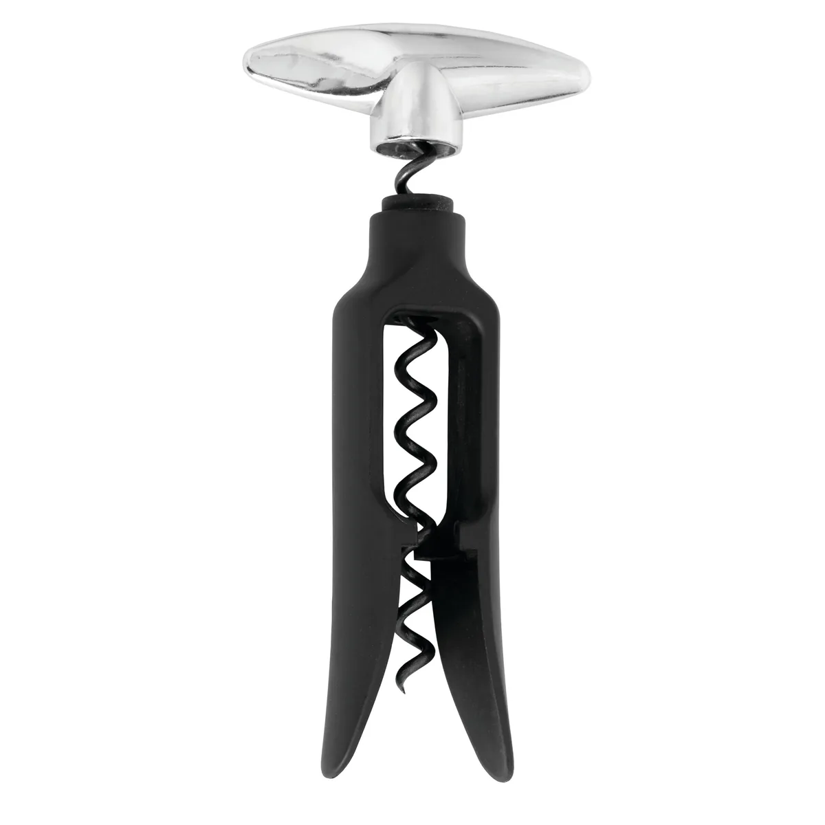 Black cylindrical wine opener with chrome handle and plastic body