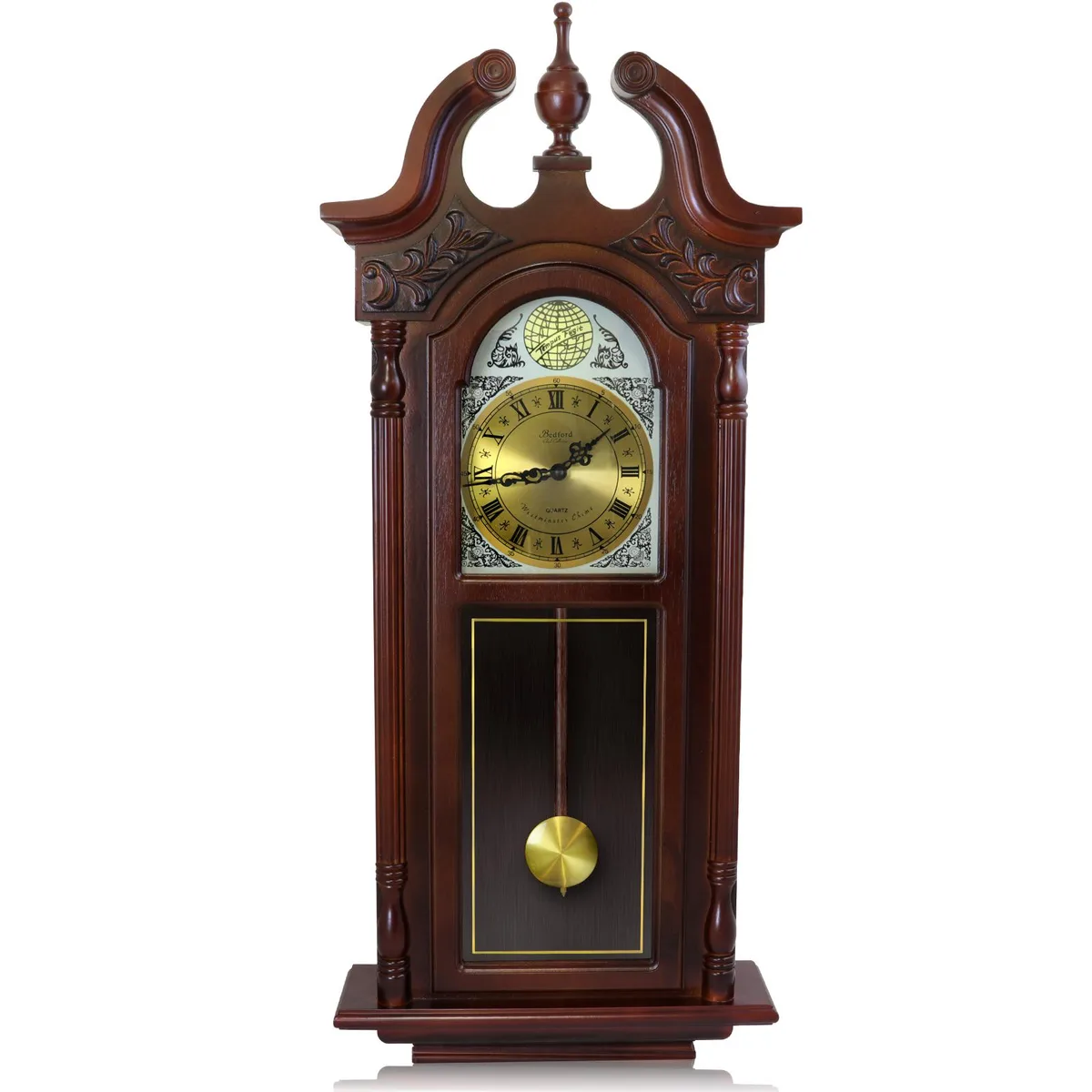 Brown wooden wall clock with Roman numerals, swinging pendulum, carved details and golden accents