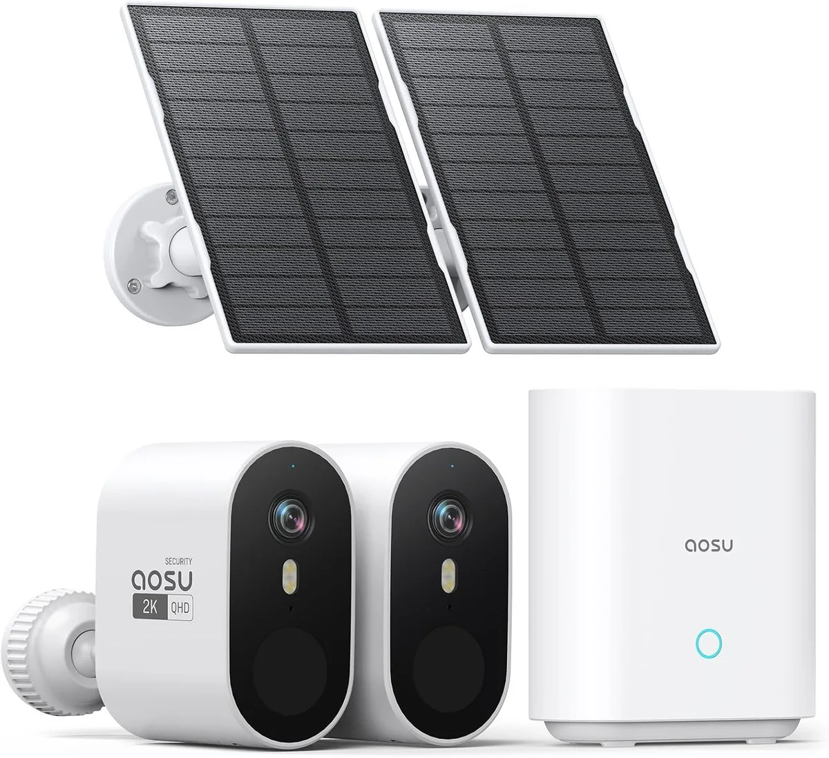 Two white wireless outdoor cameras with solar panels, 166° wide-angle lenses, and 32GB local storage base station