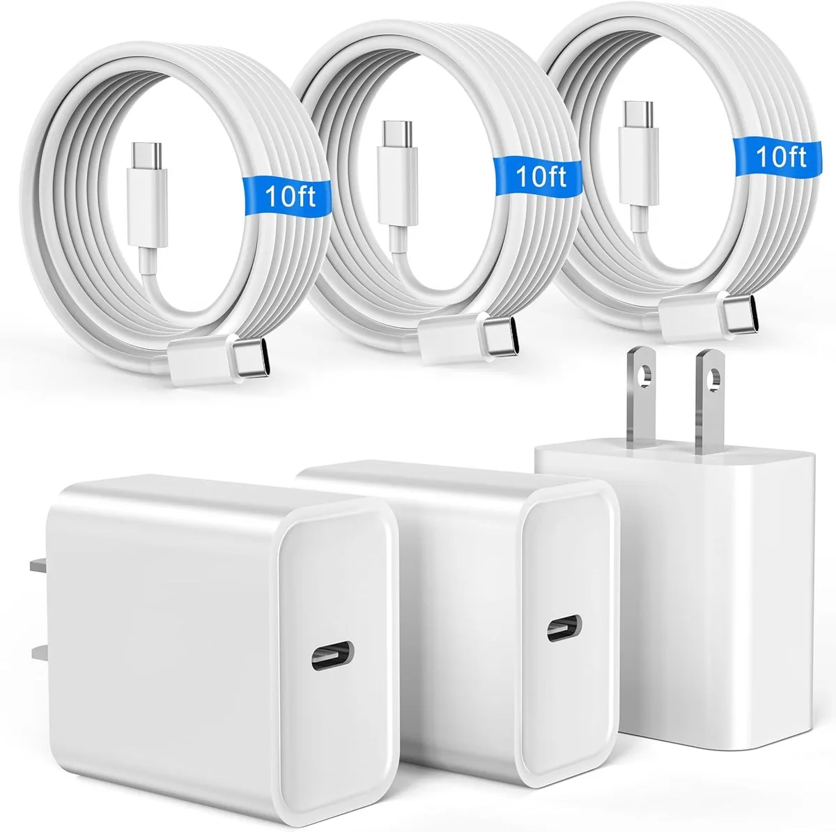 ONITOON ONITOON 3-Pack 20W USB-C PD Charger 10ft Cable White — product photo