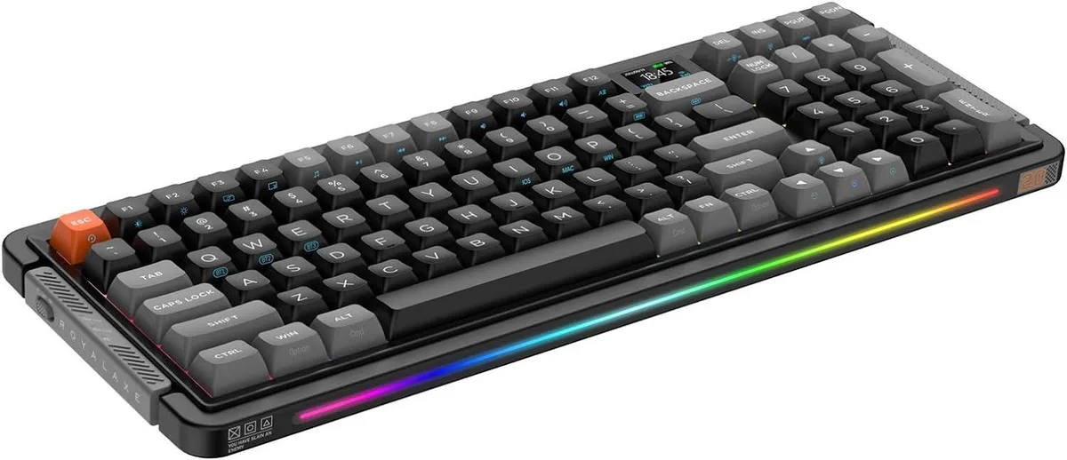 Charcoal grey 98-key wireless mechanical keyboard with 1.14 inch TFT LCD and RGB light strip