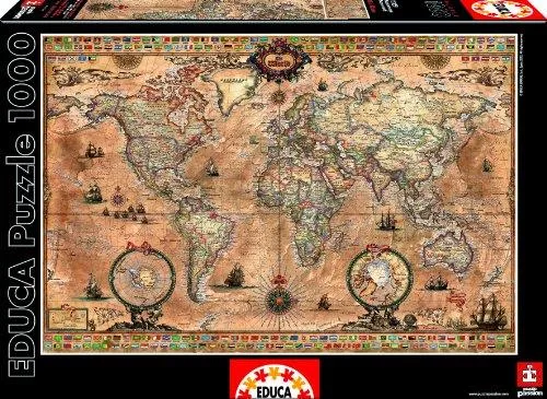 Rectangular cardboard box showing antique world map artwork 1000-piece puzzle