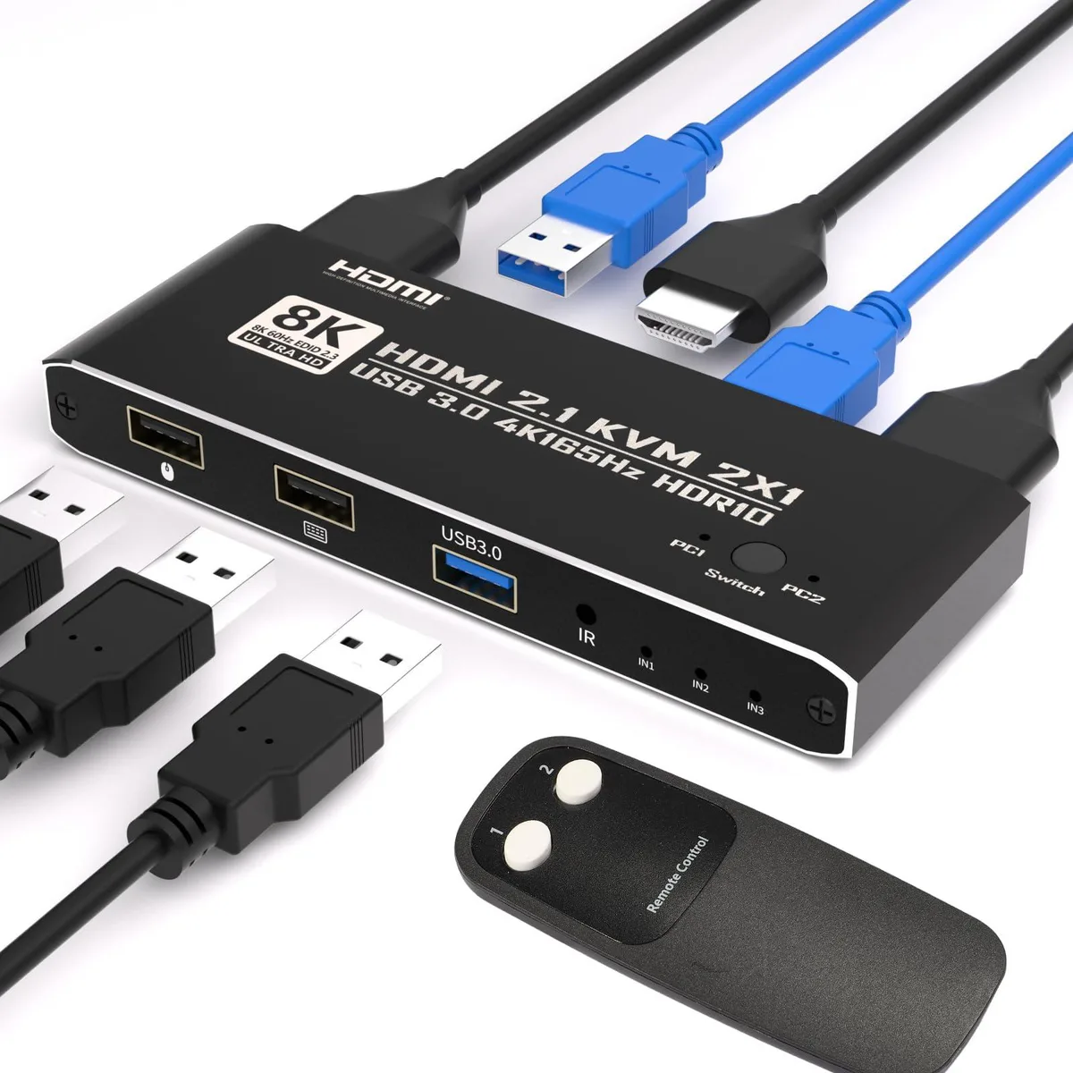  TRENDnet OZK1-2 KVM Switch 8K@60Hz 4K@165Hz USB 3.0 Hub IR Remote Aluminum Alloy — product photo