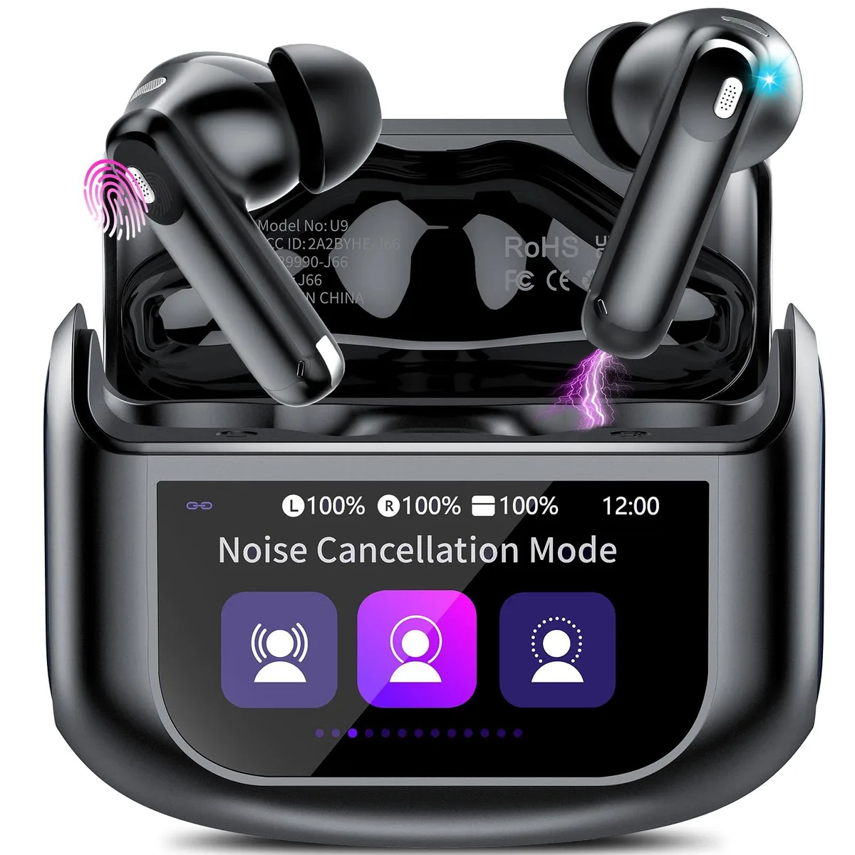 JAYSUING JAYSUING U9 Carbon Black Bluetooth 5.4 earbuds with touch screen case — product photo