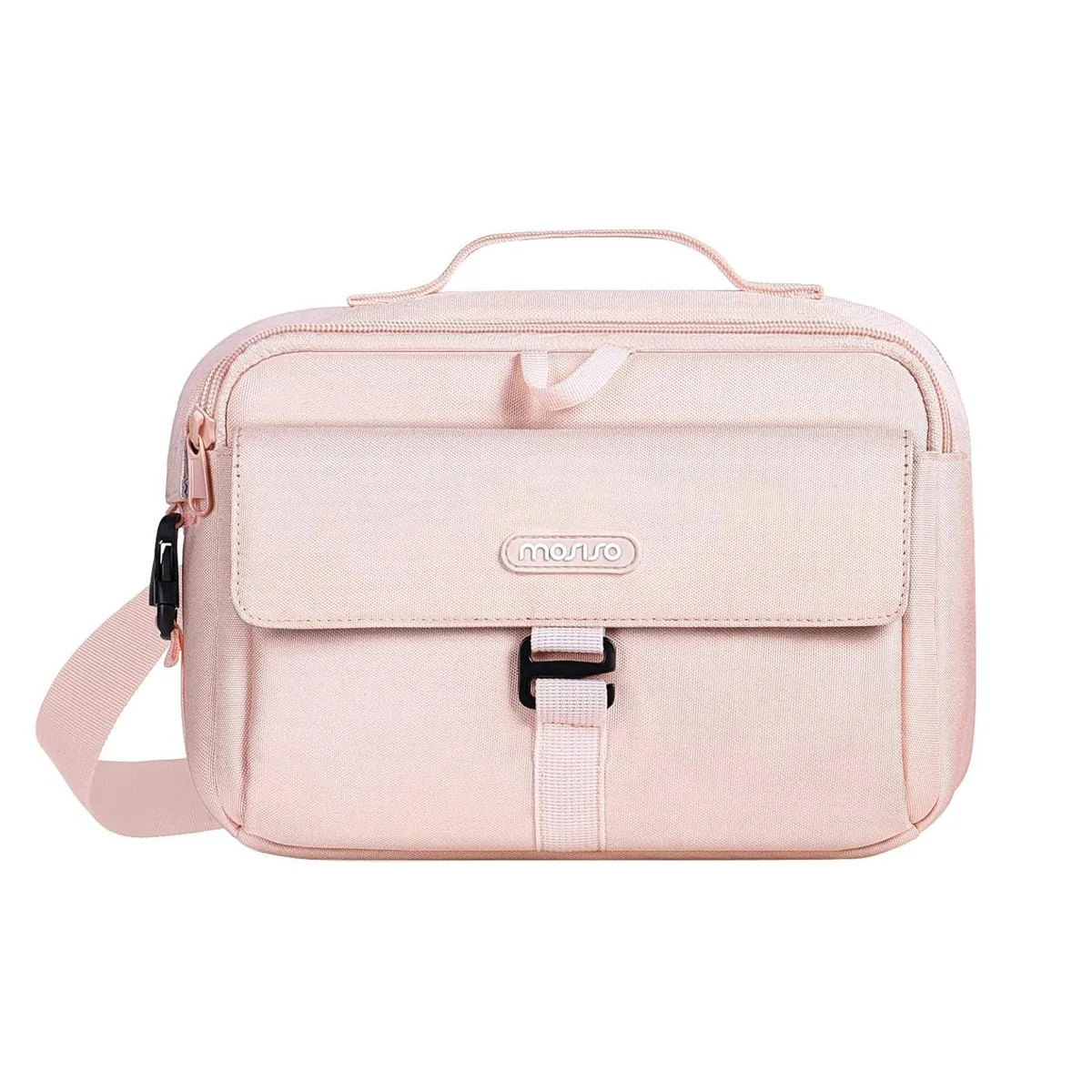 Pink camera shoulder bag with crossbody strap and front pockets