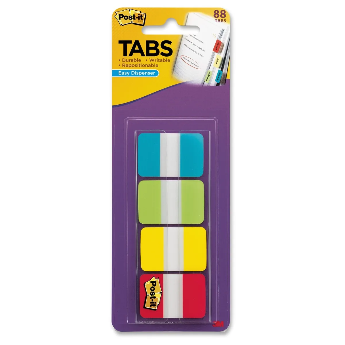 Pack of 88 self-stick tabs in aqua, yellow, lime and red with pop-up dispenser