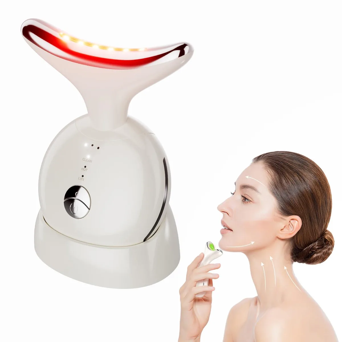 Handheld facial massager with smooth curved head, silver side strips, two-tone white and rose-gold body