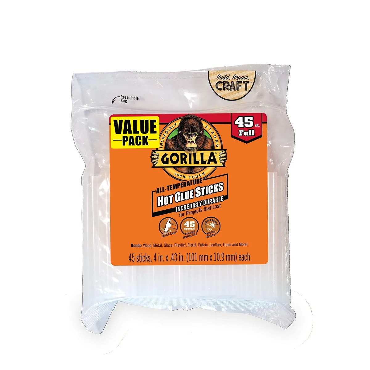  Gorilla 3034518 Hot Glue Sticks Clear Full Size 45 Count — product photo
