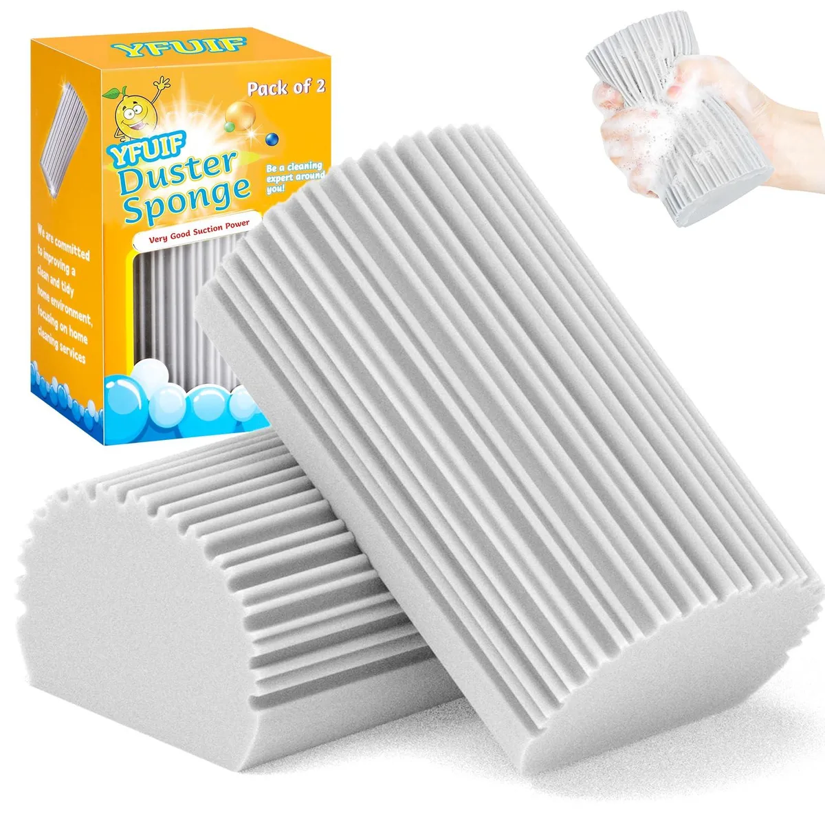 Two rectangular damp-duster sponges with U-shaped grooves, light blue foam finish