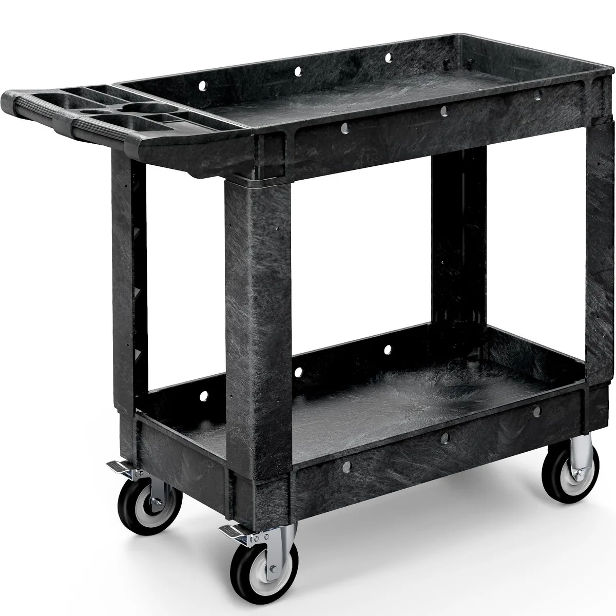 Black two-shelf utility cart on four swivel casters, rectangular polypropylene frame, 40 by 17 inches