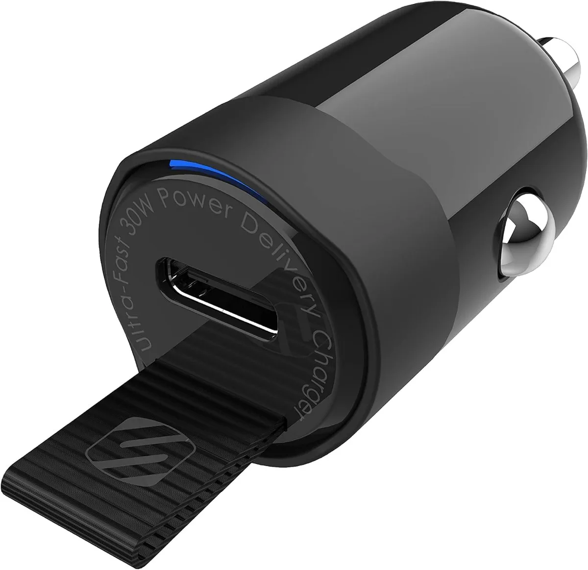 Small flat car charger with USB-C port, fabric pull tag and blue LED ring