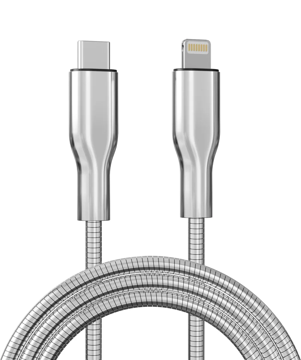 Silver metal-braided USB-C to Lightning cable, 6.6ft length