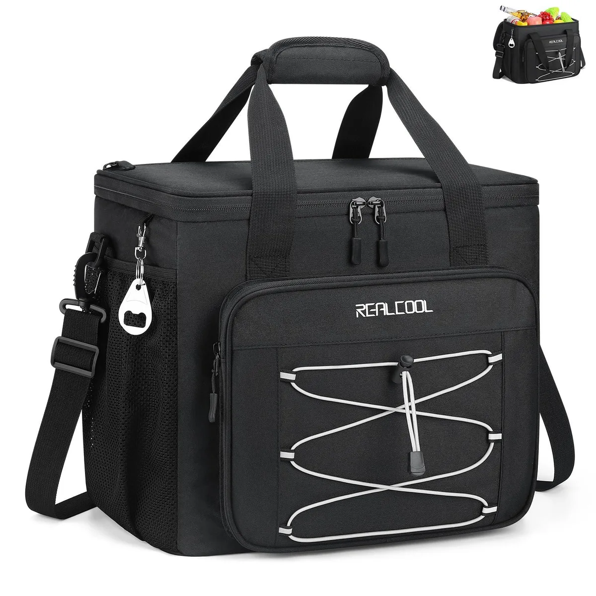 Red soft cooler bag folded flat with padded shoulder strap and carry handle visible