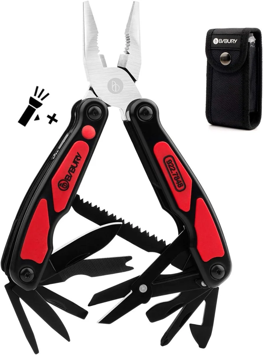 Red 14-in-1 multitool pliers with LED flashlight and nylon pouch