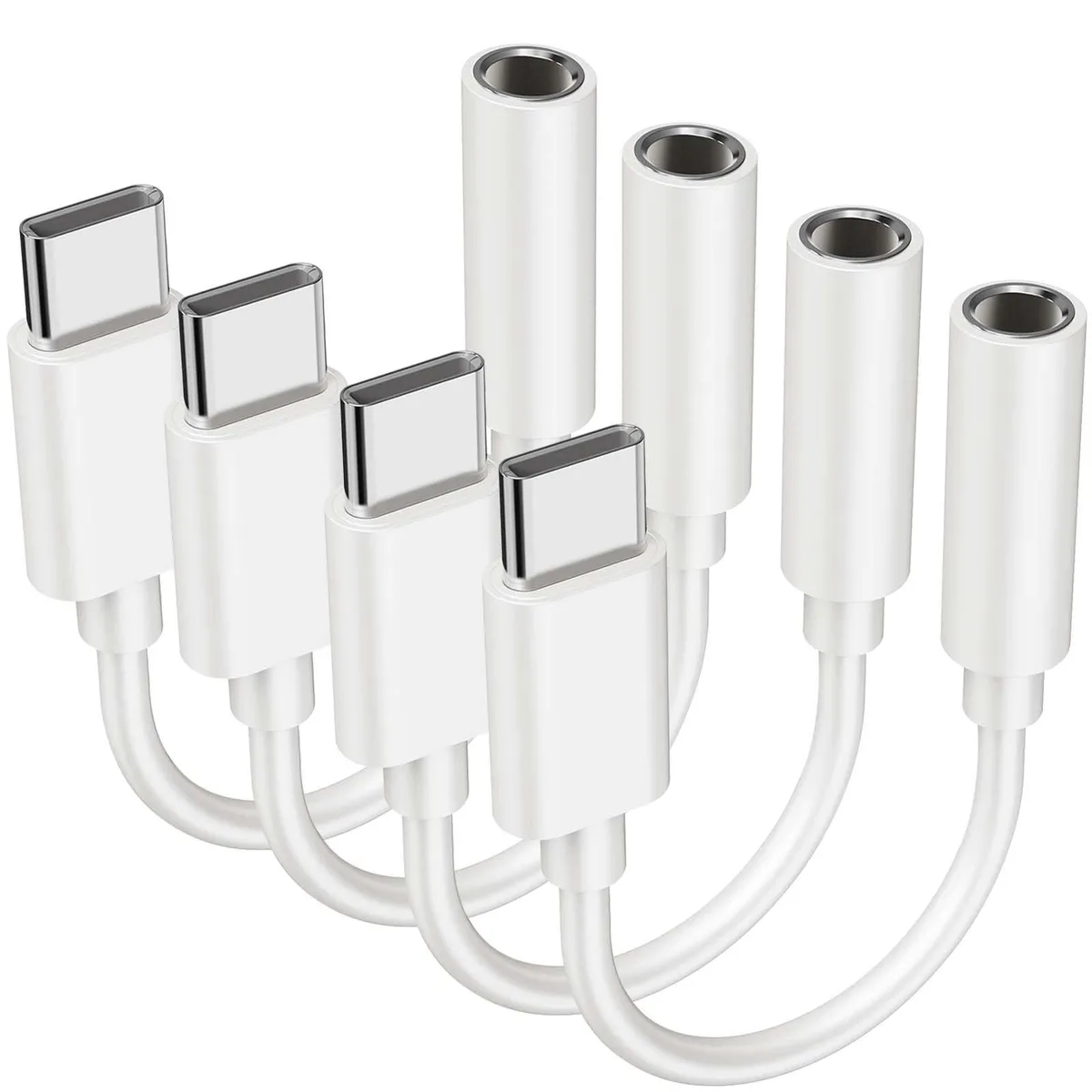 Four white USB-C to 3.5 mm audio adapters, each with a short 4.5 cm cable
