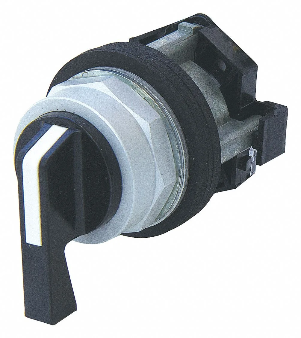 Black 30 mm three-position selector switch with long lever operator and chrome bezel