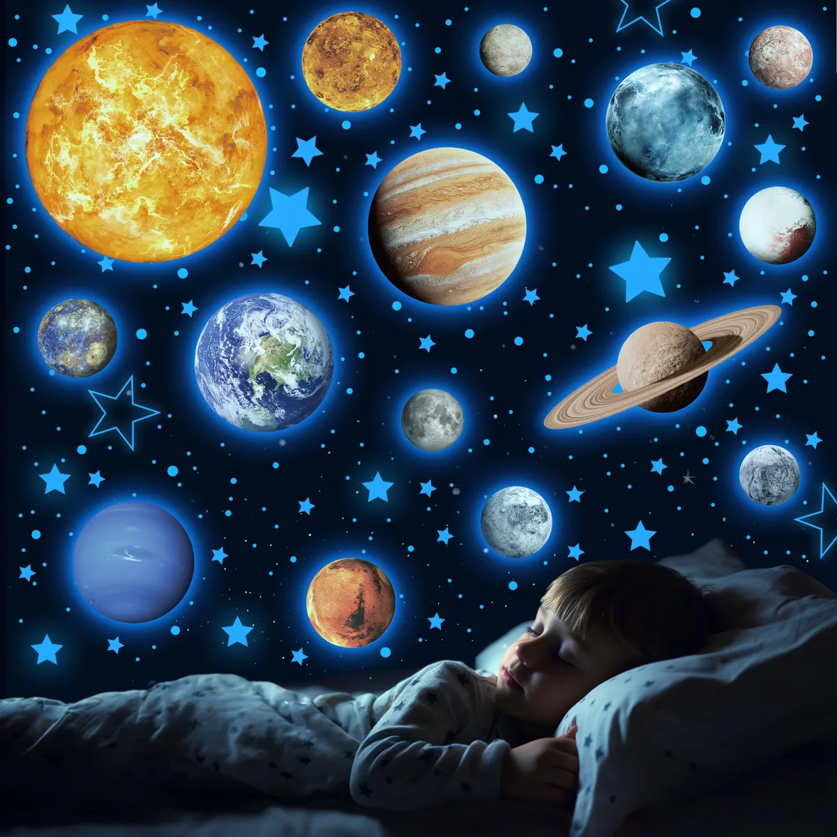 Blue solar system wall decal sheet with glow-in-the-dark planets and stars