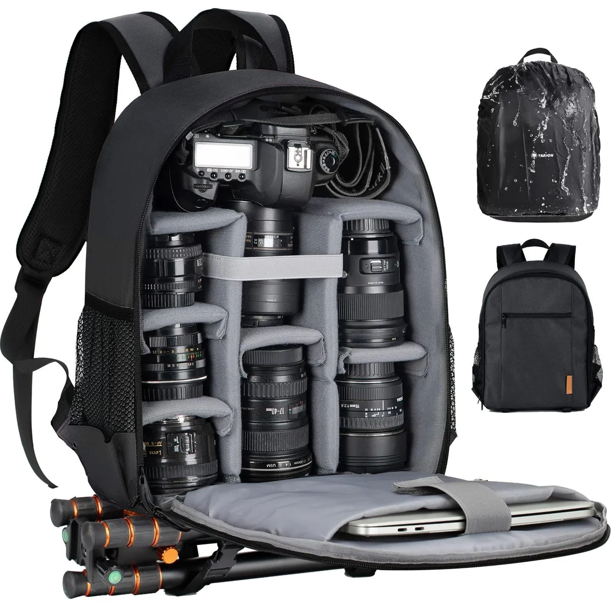 Black polyester camera backpack with tripod straps and rain cover