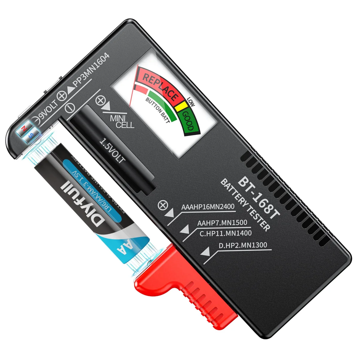 Compact rectangular battery tester with magnetic tip and analog display