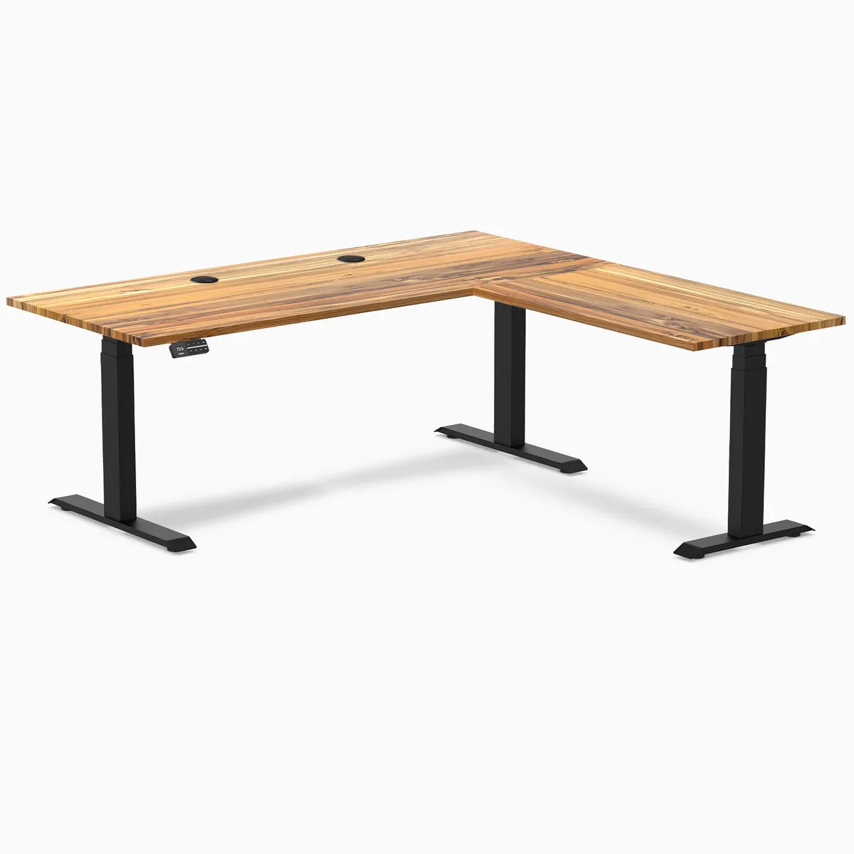 Desky Desky Hardwood L-Shape Sit Stand Desk Teak Matte Black 72 x 30 x 70 x 24 in with Grommets — product photo