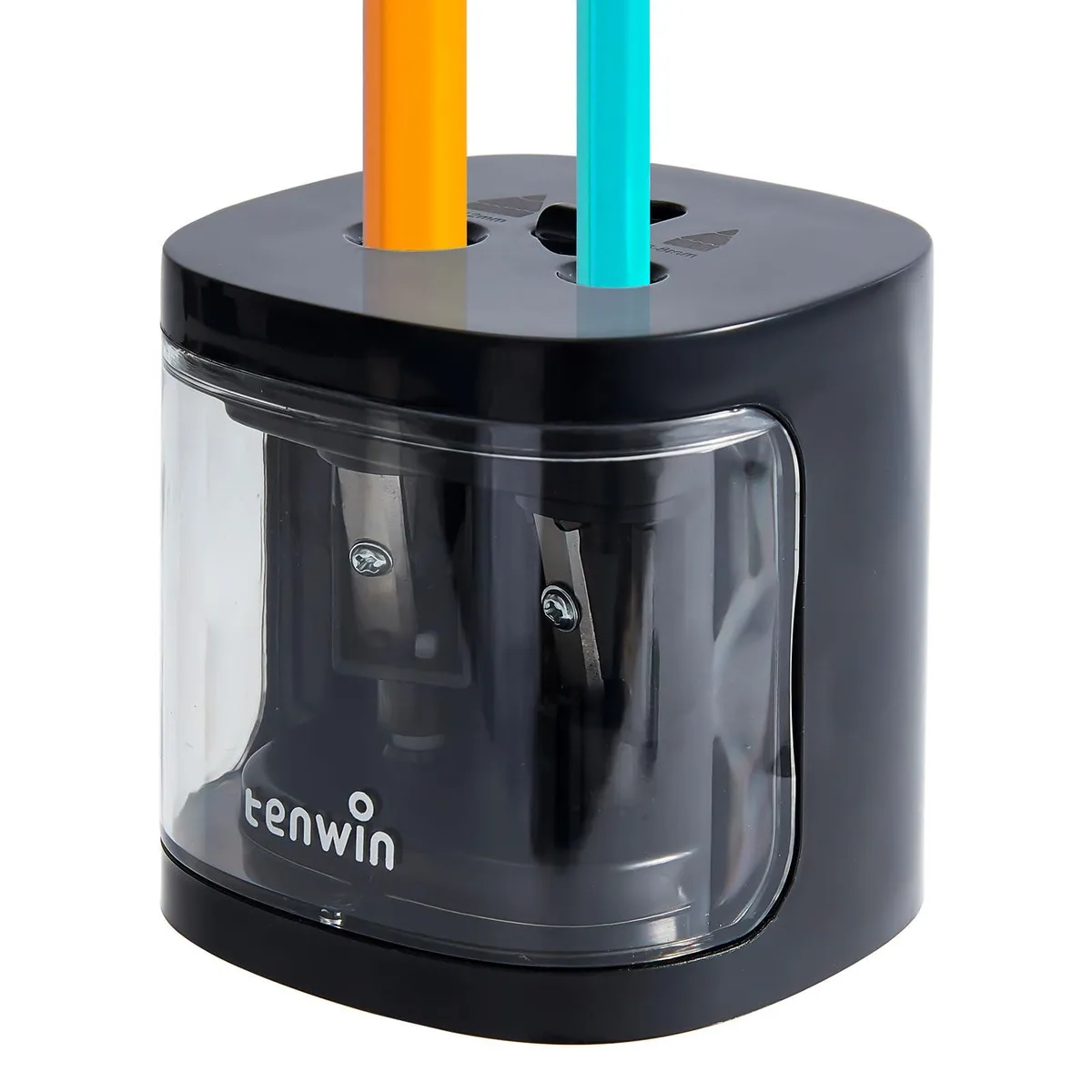 Black battery-powered pencil sharpener with dual holes and transparent shavings window