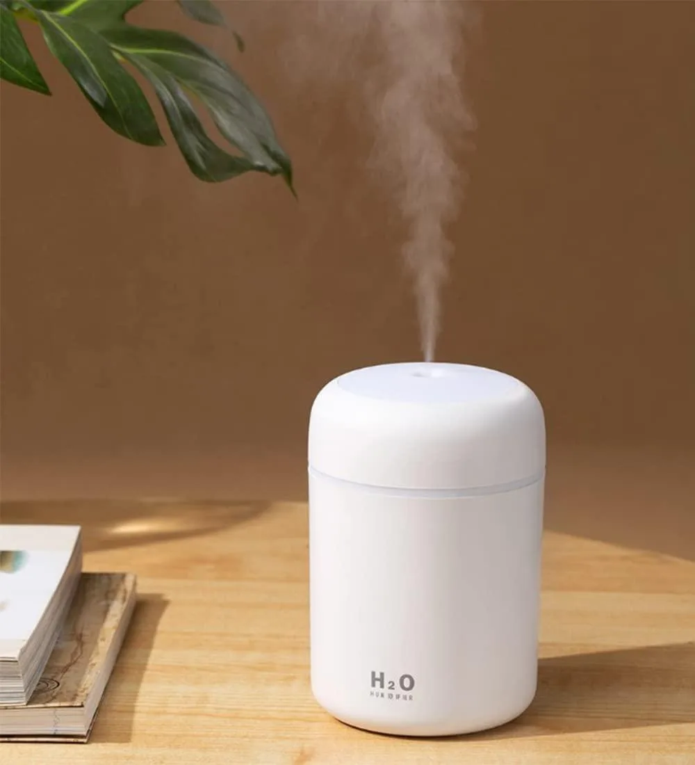 White cylindrical USB mini humidifier, 3.07 inches wide by 4.69 inches tall, 300 ml capacity