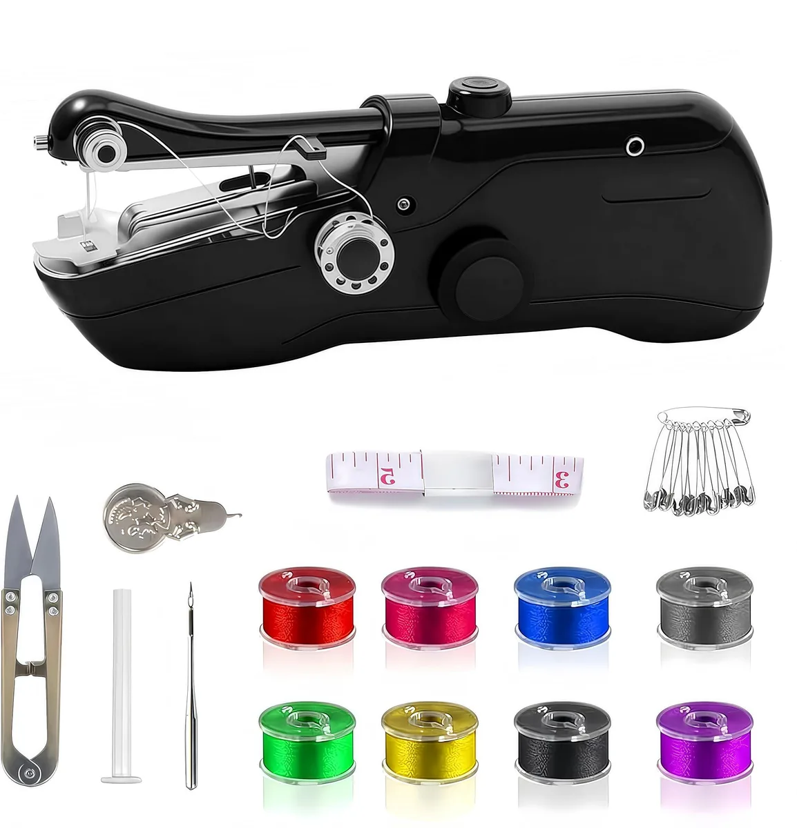 Black handheld sewing machine, compact rectangular shape, smooth matte finish