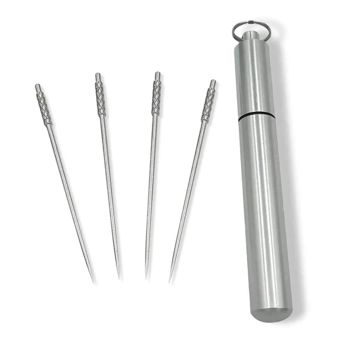 Four silver titanium toothpicks inside a stainless steel keychain capsule