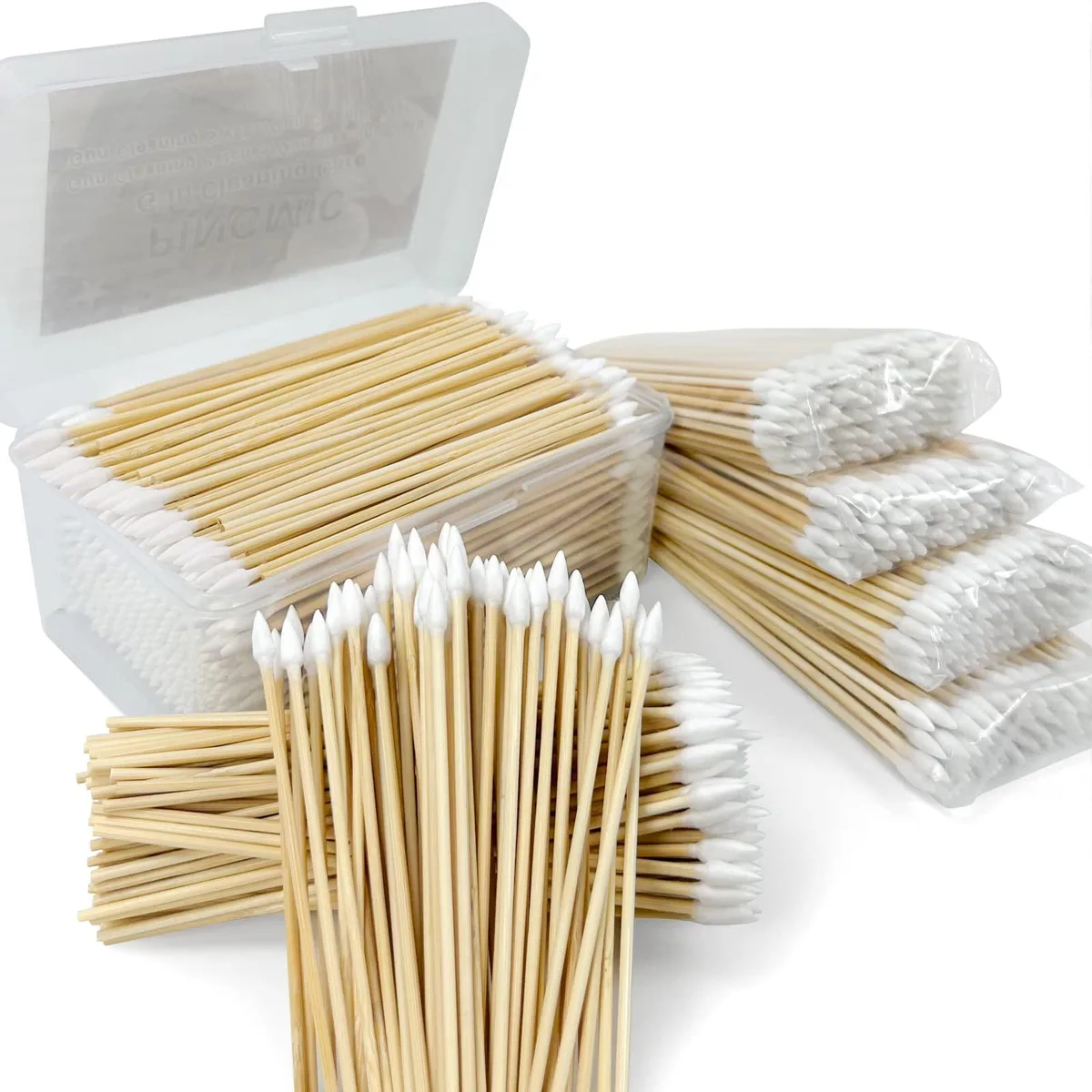 Clear plastic case holding 500 six-inch bamboo-handle cotton swabs with pointed tips
