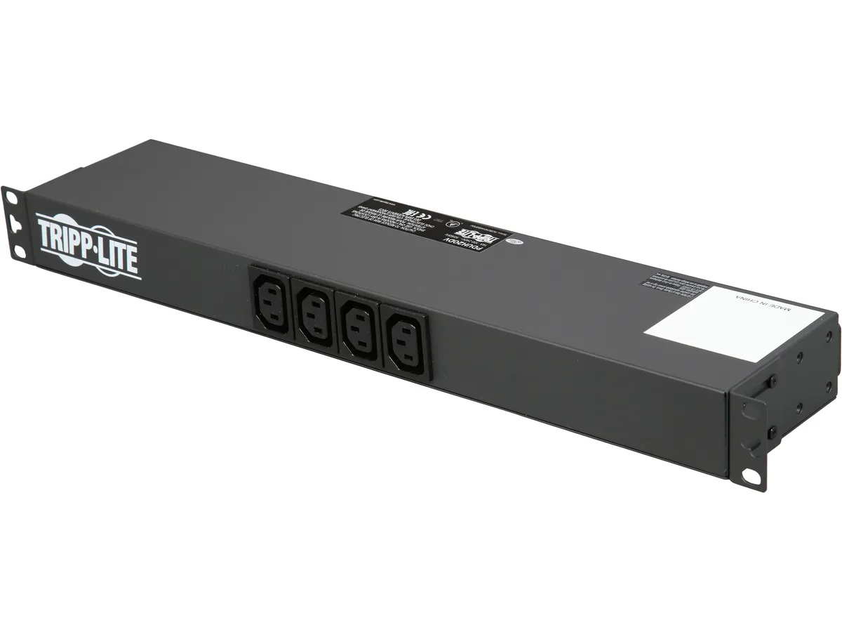 Black metal 1U rackmount power strip with 14 IEC outlets and a 12 ft cord