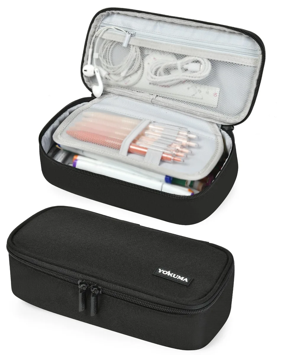 Black rectangular polyester pencil case with top handle and zip closure