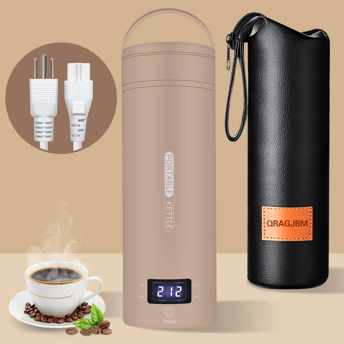 QRAGJBM Travel Electric Kettle 450ml 300W Khaki 4 Preset Temps — product photo