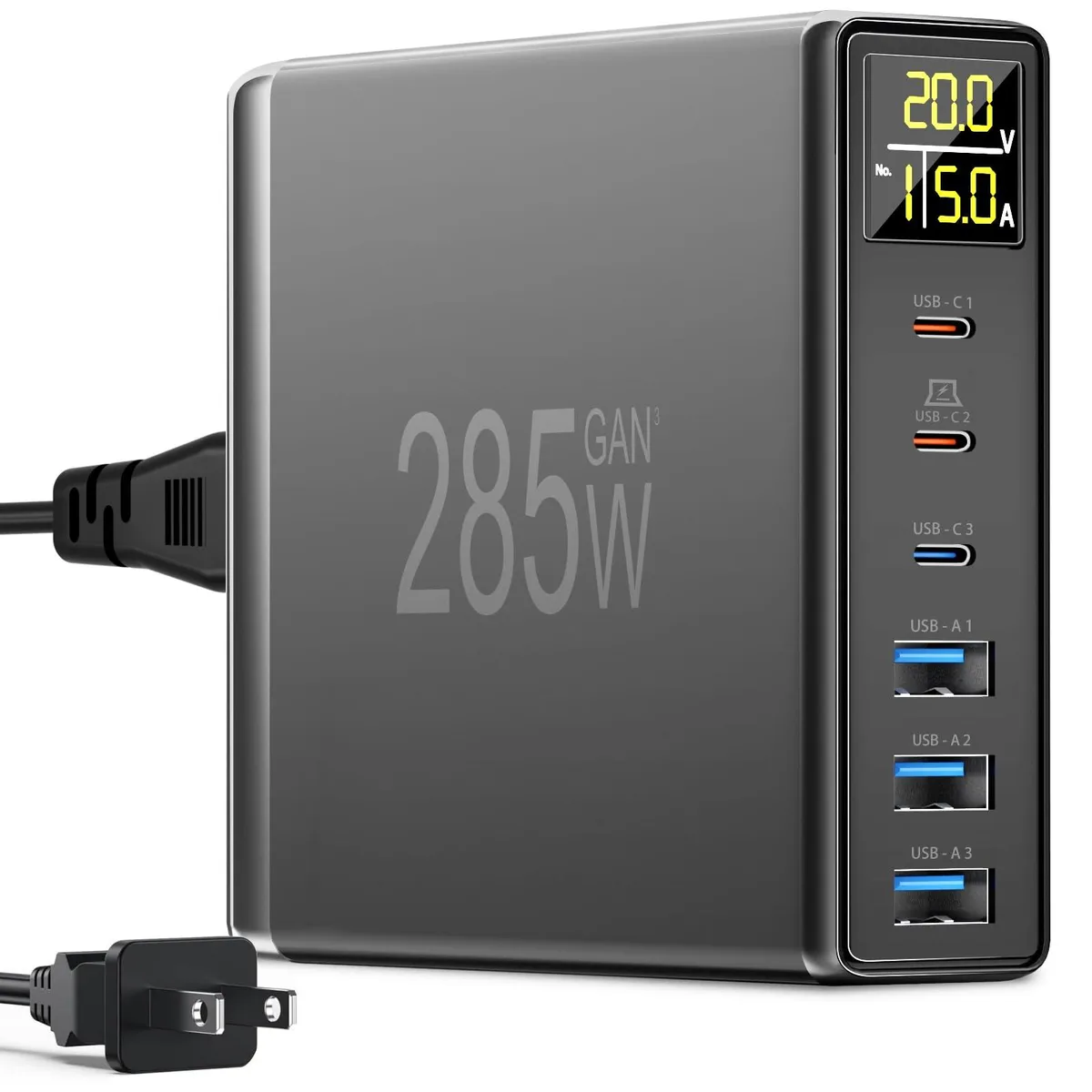 Black rectangular GaN charger with six ports and an LCD screen