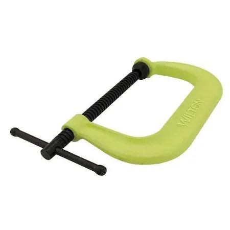 Yellow forged-steel C-clamp with black-oxide spindle, sliding T-handle and V-grooved swivel pad
