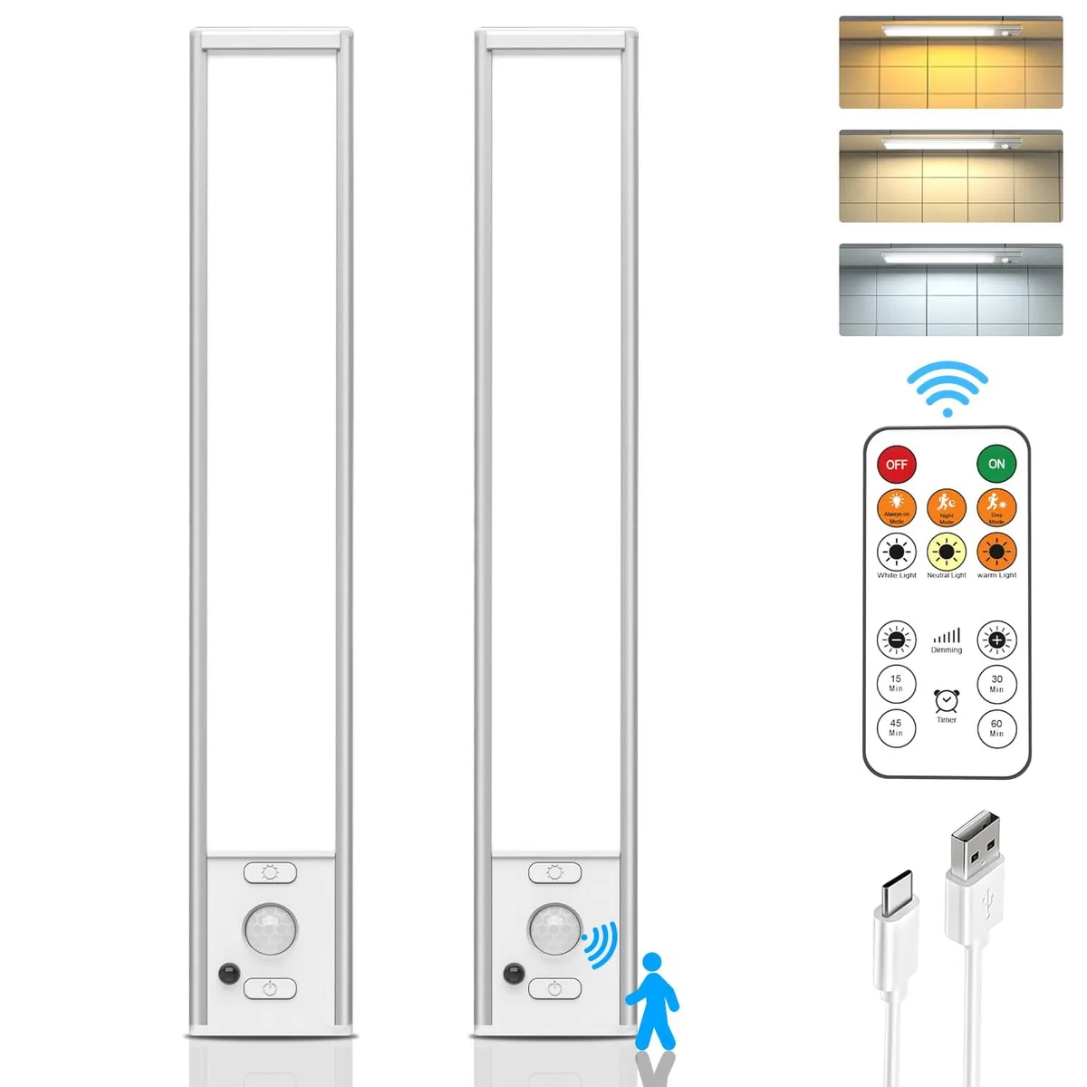 Two slim white 11.9-inch LED bars with clear prismatic lenses, USB-C cable, remote and mounting hardware