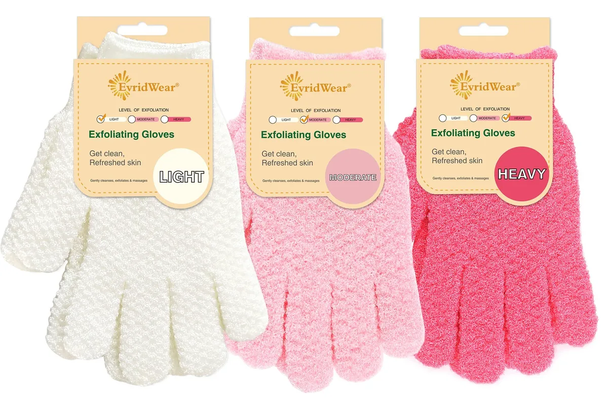 Three pink nylon exfoliating gloves with hanging loops