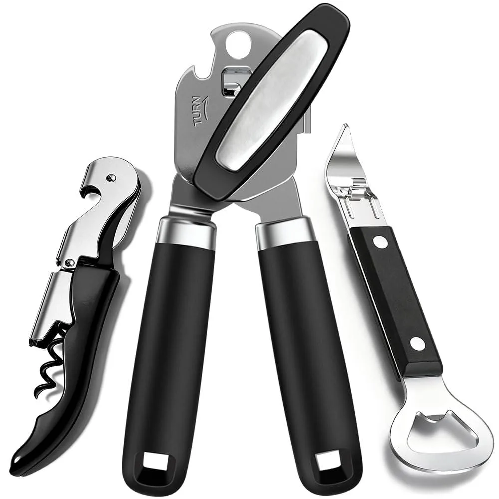 Three black stainless steel openers: can opener, corkscrew, bottle opener