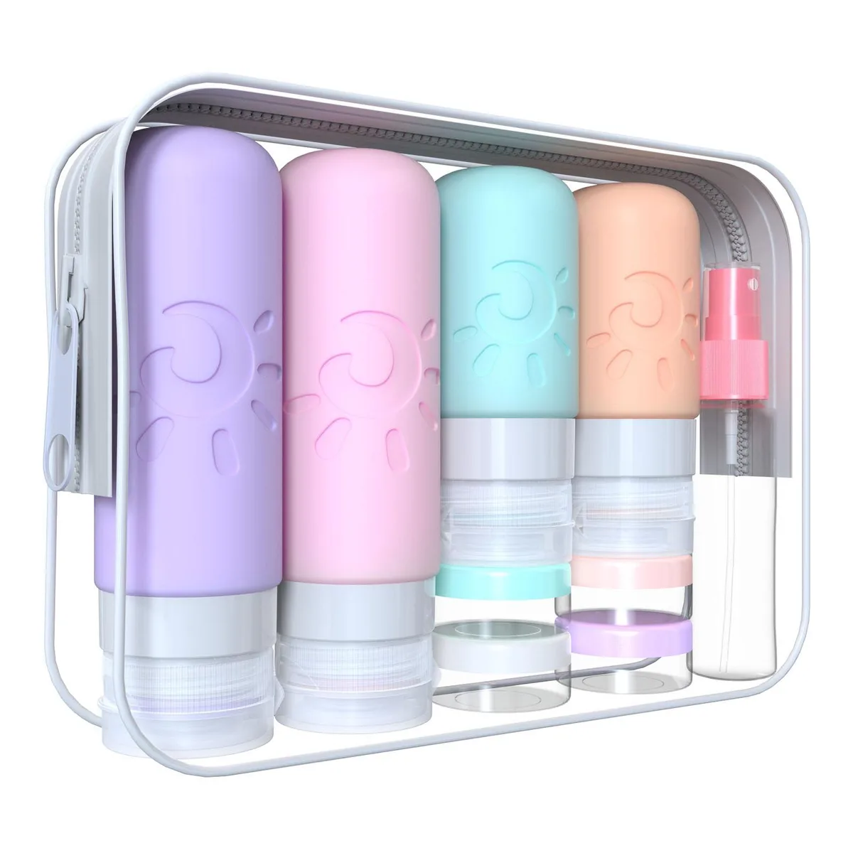 Multicoloured silicone travel bottles, jars and sprays in a clear zip bag
