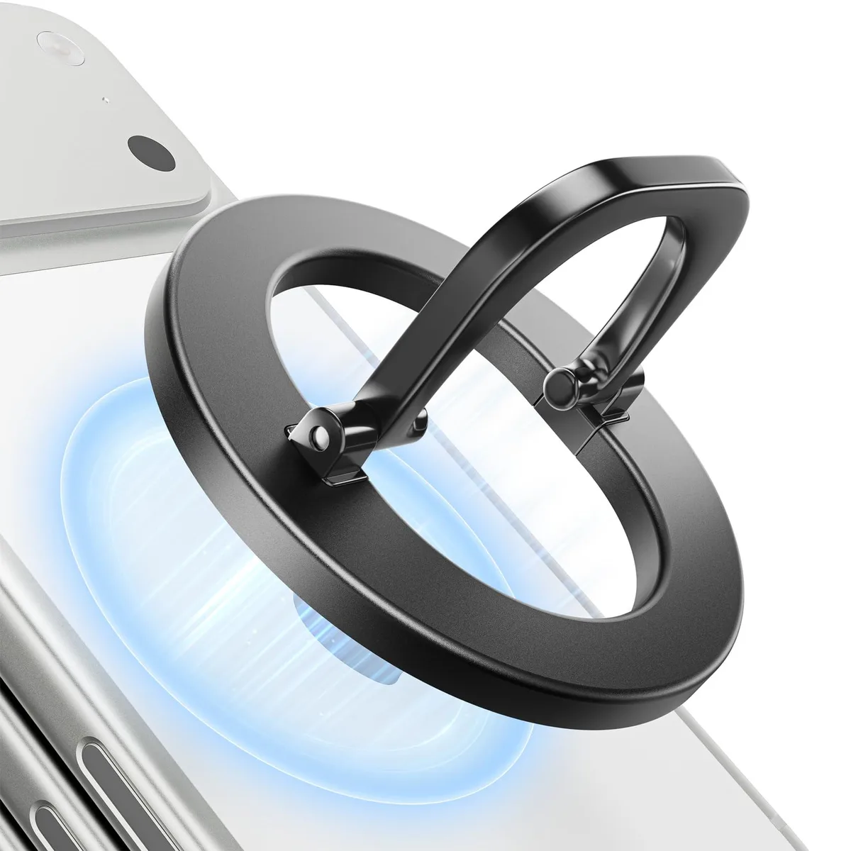 Black MagSafe ring grip with adjustable stand, compact circular form, matte finish
